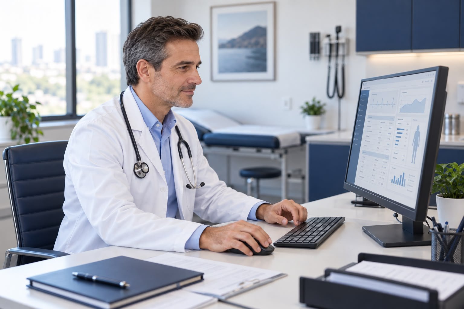 Médico analisando informações em um computador.