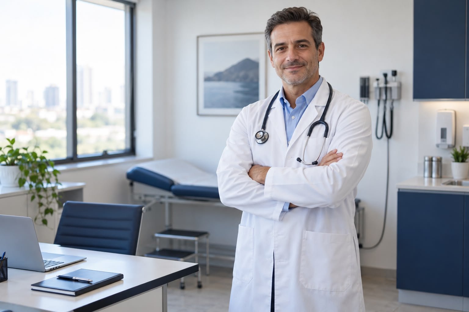 Médico com os braços cruzados em ambiente clínico.